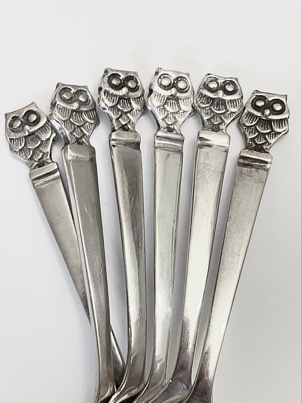 Vintage MCM Owl Spoon Set Of 6 Silver Plate Mid Century Retroneu Demitasse Size